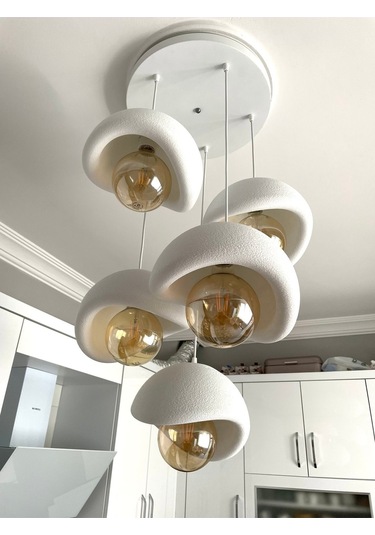 Modern 5'li Avize Beton Dokulu - Salon Ve Oturma Odası İçin Şık Tasarım Rustik Ampul Hediyeli Beyaz