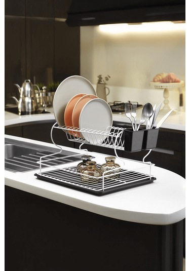 2 Katlı Beyaz Bulaşıklık Dayanıklı Paslanmaz Termoplastik Kaplama Bulaşık Sepeti, Tepsili, Tabak Ve Kaşık Kurutmalık - Beyaz - Siyah