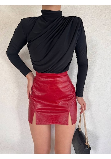 Lymens Modern Ve Şık Büzgülü Balıkçı Yaka Sandy Kumaş Bluz Siyah