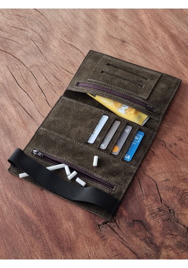 Tütün Kesesi Cüzdan Tütün Çantası Kartlıklı %100 Gerçek Süet Deri Haki Yeşil