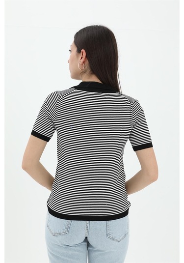 İnce Çizgili Polo Yaka Triko Kazak - Siyah - Kadın