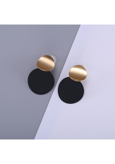 Asimetrik Boyutlu Yuvarlak Metal Mat Fırçalanmış Altın Geometrik Küpe Siyah