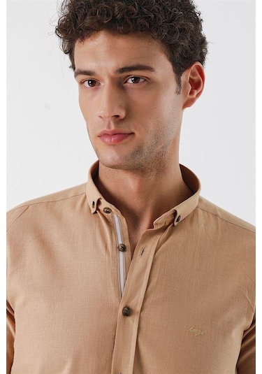 Camel Kısalabilir Kollu Cepsiz Biyeli %100 Pamuk Casual Slim Fit Dar Kesim Gömlek 1004230179-camel Camel