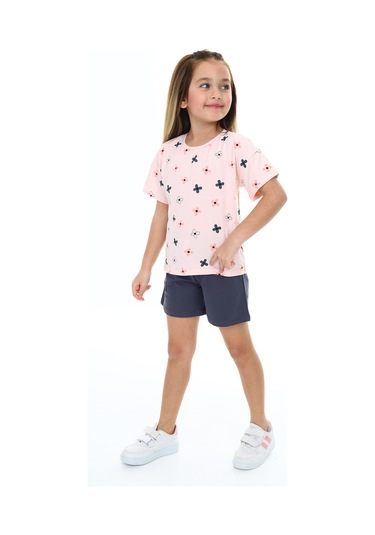Toontoy Kız Çocuk Garni Komple Çiçek Baskılı Şortlu Takım Pudra