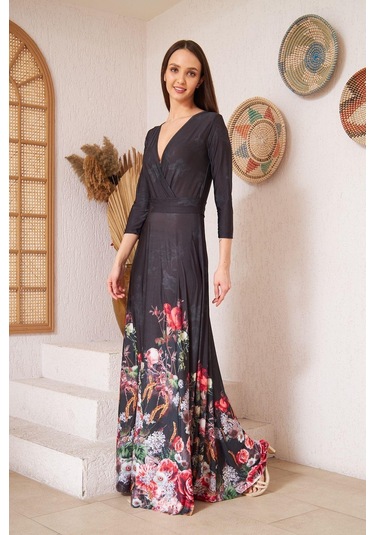 Darlin Moda Siyah Kruvaze Kırmızı Çiçek Desenli Abiye Elbise Dm1016
