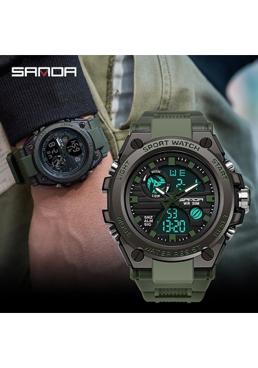 Sanda Sanda 739 Dış Mekan Spor Çift Ekran Hareketi Çoklu Kinetik Elektronik Saat Gelgit Erkek Su Geçirmez Parlak Erkek Saati Ordu Yeşili Çok Renkli