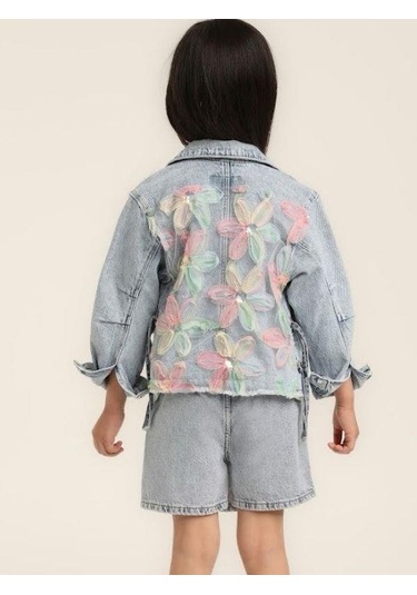 Kız Çocuk Çiçek Desenli Kot Ceket-15617 Mavi