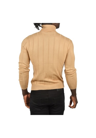 Deepsea Erkek Camel Slim Fit Likralı Tam Balıkçı Yaka Çizgili Boğazlı Kazak 2505504 Camel