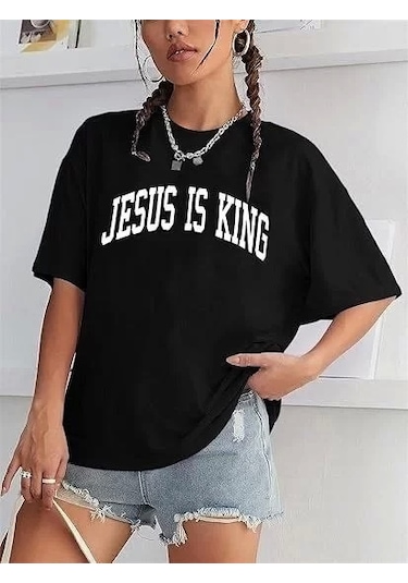 Kadın Bisiklet Yaka Kısa Kol Baskılı T-shirt - Siyah Siyah