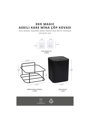 Okyanus Home Eko Magic Askılı Kare Mina Çöp Kovası Siyah
