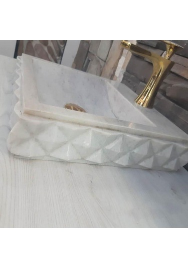 Beyaz Mermer Piramit Dizayn Kare Lavabo - Batarya Çıkışlı