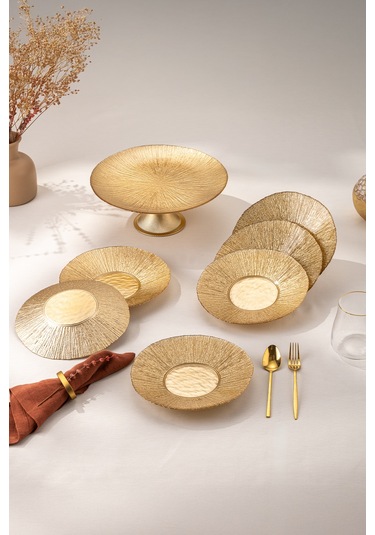 Emsan Golden 7 Parça Cam Pasta / Tatlı Seti Gold