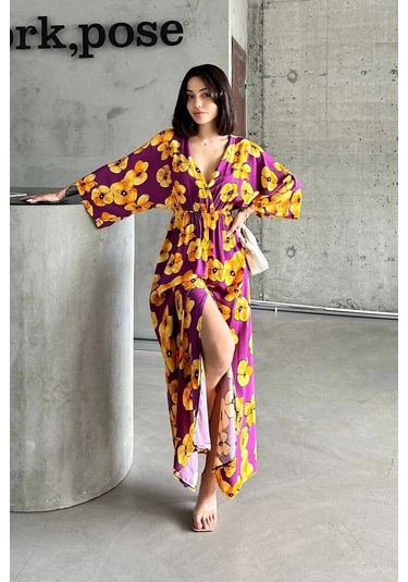 Çiçek Baskılı Elbise Sarı