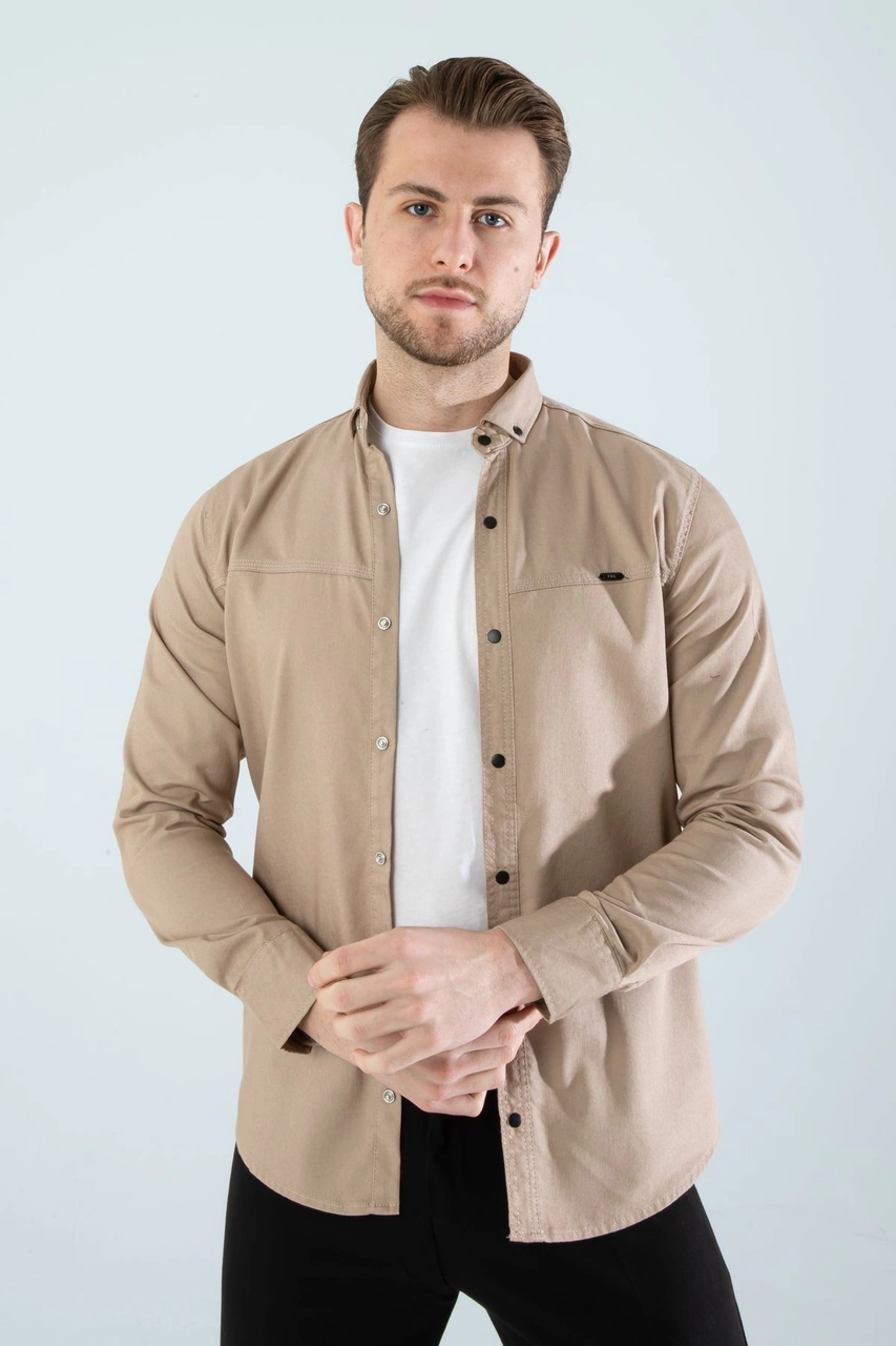 Slim Fit Erkek Cepsiz Kot Gömlek Bej