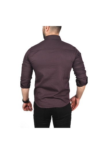 Deepsea Erkek Mürdüm Slim Fit Pamuklu Cepli Kot Gömlek Çıtçıtlı Uzun Kollu Spor Gömlek 2502503 Mürdüm