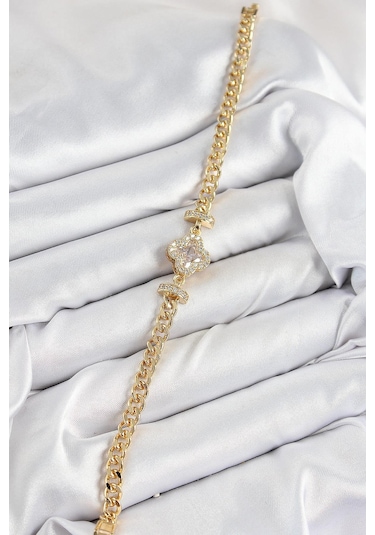 Pirinç Zirkon Taşlı Yonca Model Gold Renk Kadın Bileklik Çok Renkli