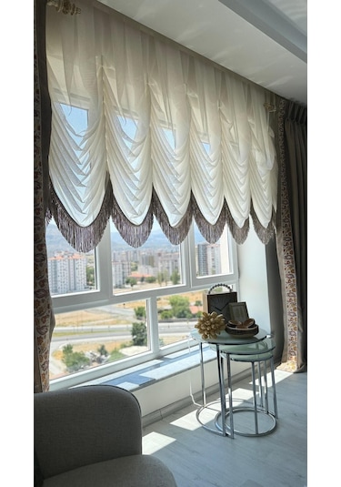 Diletto Bej Püsküllü Çelik Tül Balon Perde Ütü İstemez Ekru