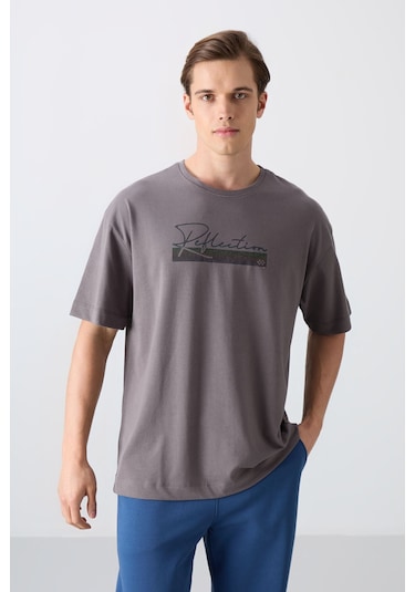 Tommy Life Koyu Gri Pamuklu Kalın Yumuşak Dokulu Oversize Fit Baskılı Erkek T-shirt - 88334 Koyu Gri