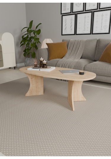 Oval Orta Sehpa Geniş Yüzeyli, Stabil Ayaklı Modern Salon Sehpası Safir Meşe