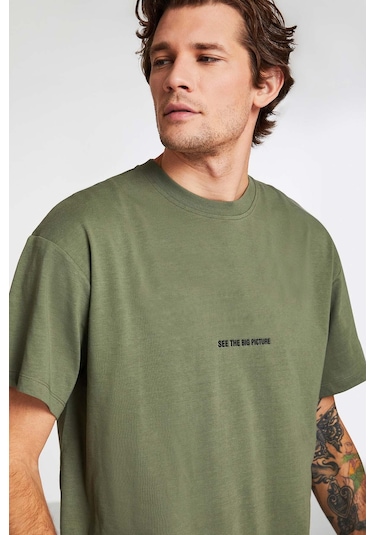 Rıver Erkek Nakış Işlemeli Oversize %100 Organik Pamuk Örme Haki T-shirt