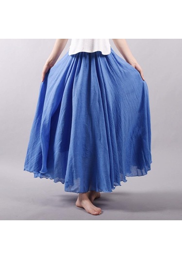 Kadın Zarif Yüksek Bel Keten Maxi Etek Yaz Bayanlar Rahat Elastik Bel 2 Katmanlar Etekler Saia Feminina Mavi