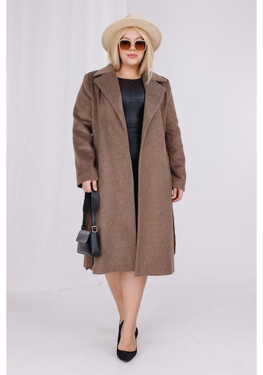 Kadın Kahve Melanj Yün Kaşe Kemer Ve Astar Detay Büyük Beden Kaban Sütlü Kahverengi