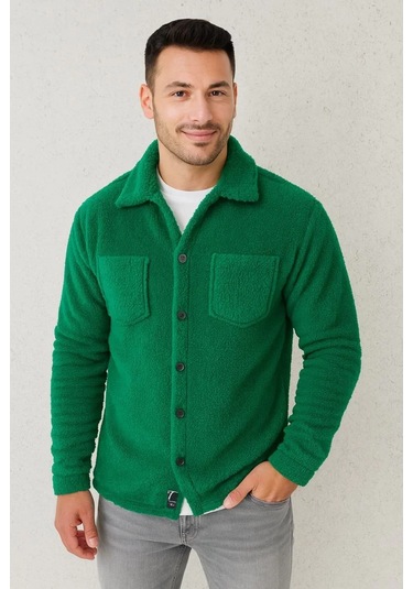 Erkek Pelüş Polar Hırka Gömlek Yakalı, İlik Düğmeli, Göğüs Cepli, Yumuşak Dokulu Kışlık Regular Fi Çimen Yeşili