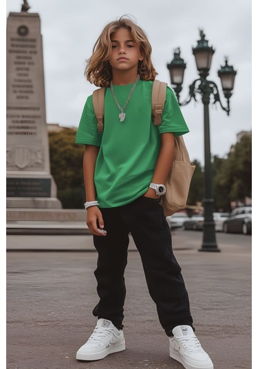 Çam Yeşili Çocuk T-shirt Kız Erkek Unisex %100 Pamuk Çam Yeşili