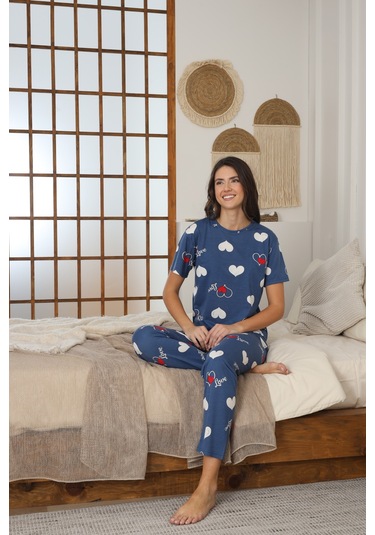 Kadın Yazlık Kısa Kol Penye Süprem Kumaş Pijama Takımı Mavi Kalpli