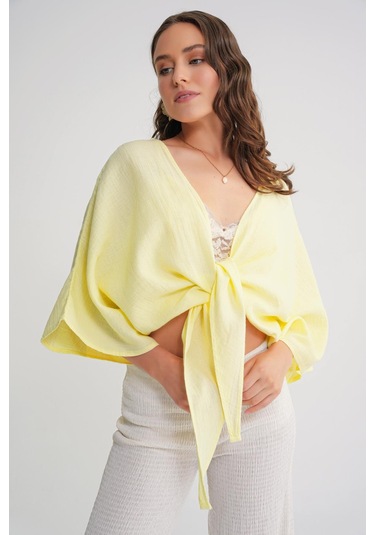 4723 Kadın Önü Bağlamalı Bolero Bluz Sarı Sari