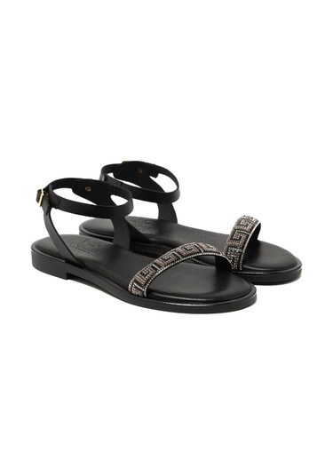 19 Black Sandalet Kadın 21008 Myconian 2025 Greek Sandal Siyah