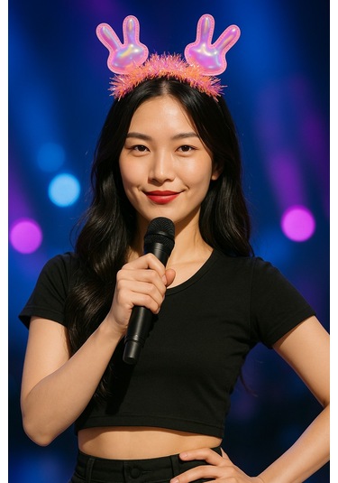 Kpop Kore Style Yılbaşı Yeni Yıl Sahne Parıltılı Pembe Tavşan Kulaklı Taç Kadın Şarkıcı Aksesuarı