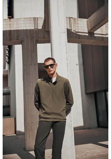 2'li Paket Standart Fit Bato Yaka Soğuk Geçirmez Sweatshirt Polar Haki - Siyah