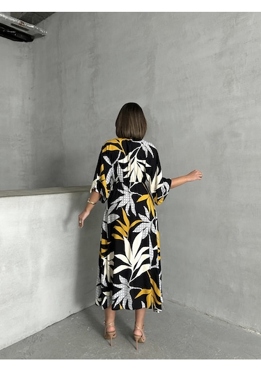 Kadın Kruvaze Yaka Yırtmaçlı Uzun Yazlık Elbise Siyah - Sarı
