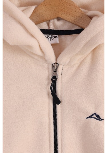 Monox Lastik Manşetli Fermuarlı Kapüşonlu Çocuk Unisex Polar Ceket Bej