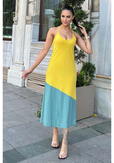 Kadın Sarı Fitilli Kumaş, Asimetrik Bloklu, Yırtmaçlı, Rahat Kesim, Askılı Uzun Elbise Sarı Kadın Sarı Fitilli Kumaş, Asimetrik Bloklu, Yırtmaçlı, Rahat Kesim, Askılı Uzun Elbise Sarı