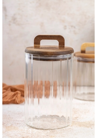 Qerhome Borosilikat Cam Optik Çizgili Akasya Kapaklı Kavanoz Zahire 2450 Ml Şeffaf