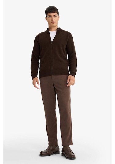 Defacto Standart Fit Dik Yaka Fermuarlı Yün Karışımlı Triko Hırka F2983ax25wnbn497 Kahve