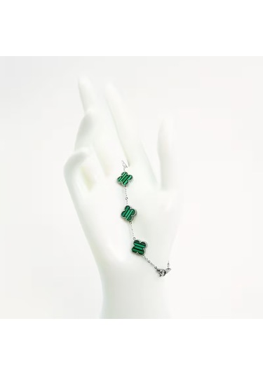 Çelik Bileklik Dört Yapraklı Küçük Yonca Yeşil Çizgili Sedef Taşlı Uzunluk 18 Cm Gümüş Gümüş