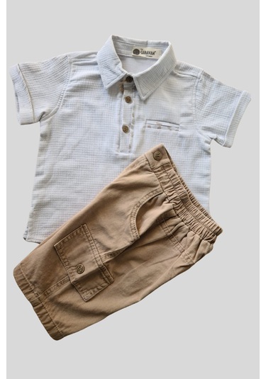 2'li Erkek Çocuk Açık Mavi Gömlek Kahve Sortlu Takım-1360 Mavi