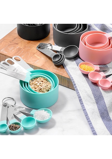 Neevoyu Kahve, Şeker, Yağ Ölçümü İçin 8 Parça Plastik+paslanmaz Çelik Kupa Ve Kaşık Seti - Mutfak Fırıncı Gereci Siyah