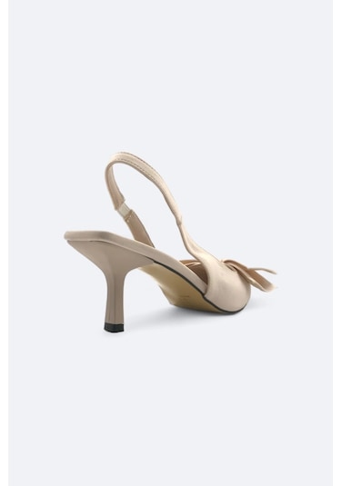 Elan Bej Arkası Açık Fiyonk Detaylı Kadın Stiletto Topuklu Ayakkabı Bej