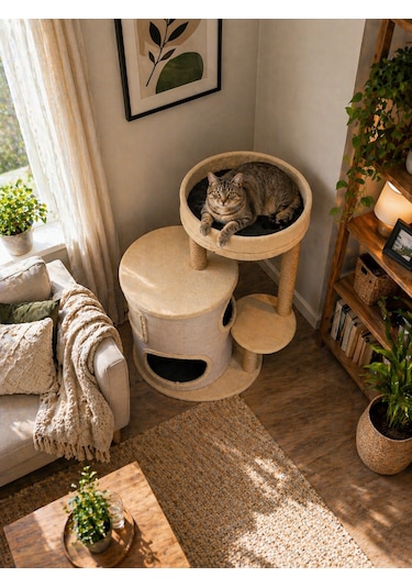Zen Modern Kedi Evi Tırmalama Direkli Konforlu Kedi Yuvası