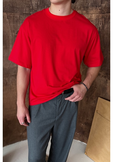 Hyman Erkek %100 Pamuk Oversize Basic T-shirt Kırmızı