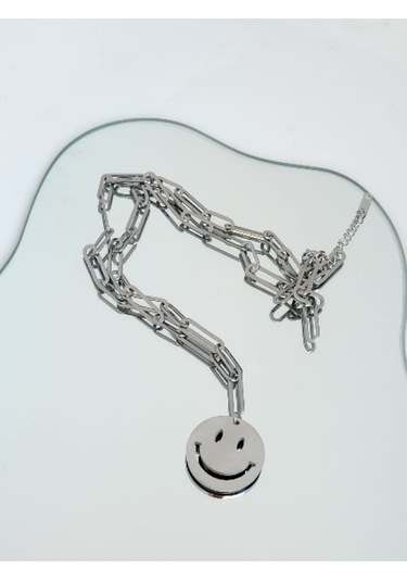 Eva Takı Çelik Gülen Smile  Emoji Model Uzun Kolye Gümüş
