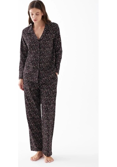 Giyim Kadın Siyah Düğmeli Kalp Desenli Pamuklu Pijama Takımı Siyah