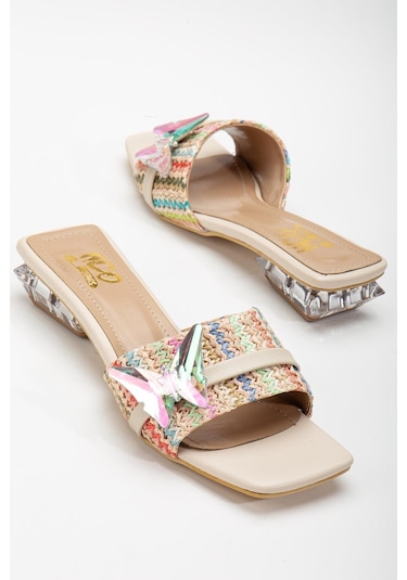 Hasır Kelebek Taş Tokalı Nude Kadın Kısa Topuklu Terlik-3090-nude Ten