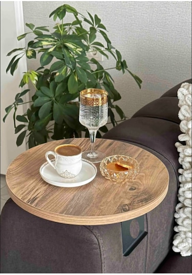 Açık Ceviz Yan Sehpa Koltuk Yanı Sehpa Kolda Ayarlanabilir Tepsi