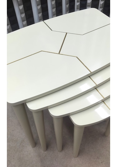 4 Lü Mdf Lam Ahşap Zigon Sehpa Krem - Gold