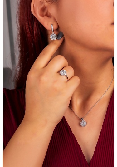 925 Ayar Gümüş Rodyumlu Baget Geçişli Zirkon Taşlı Bayan Takı Seti -8242 Gümüş